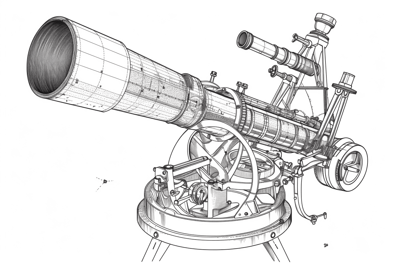 A black and white outline of a telescope, with clean lines and simple shapes that highlight the intricate mechanics of the instrument.