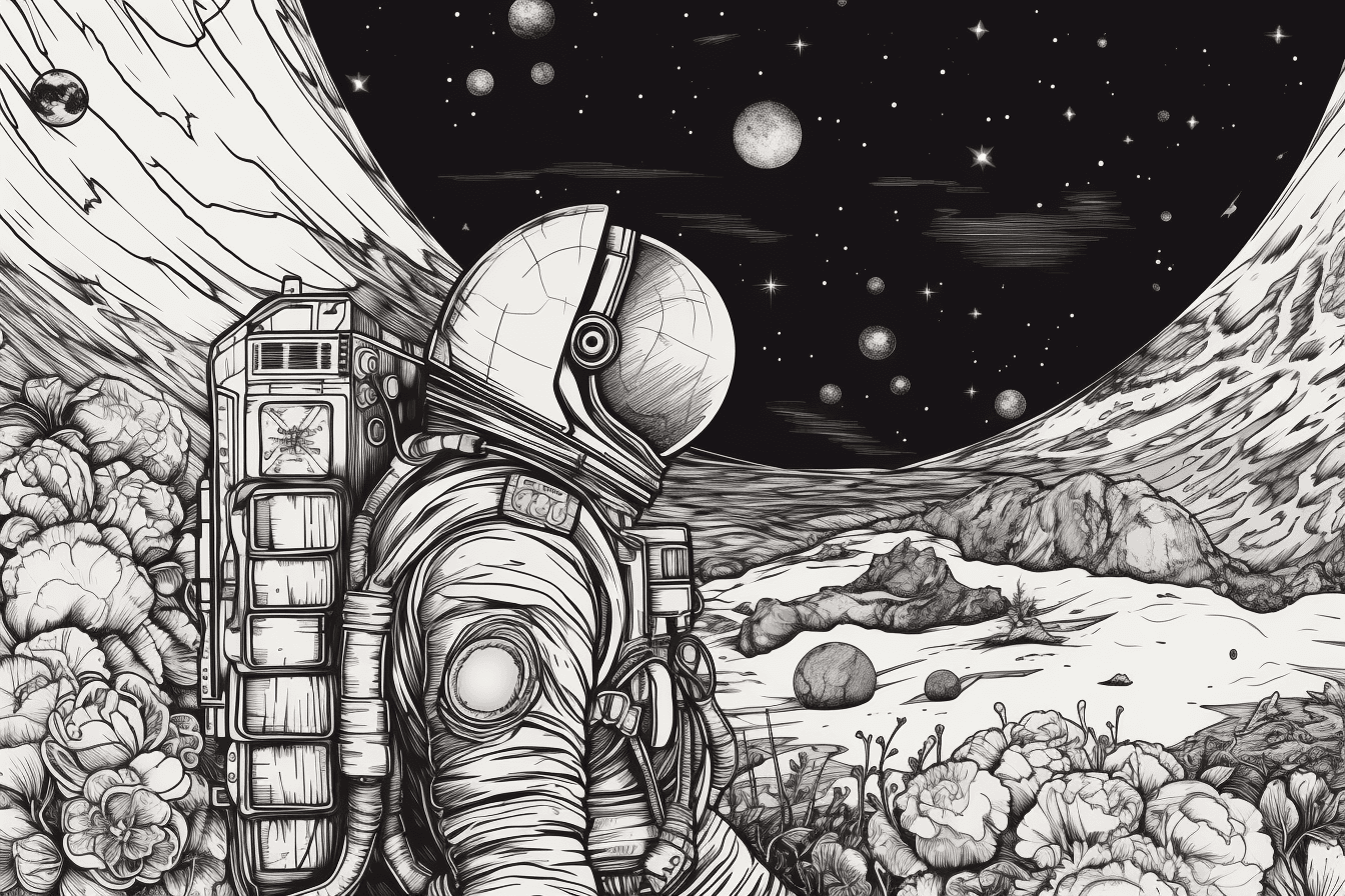 A black and white outline of an astronaut exploring a distant planet, with intricate details and shading.