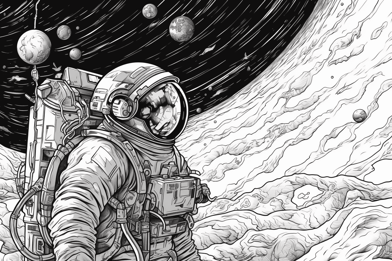 A black and white outline of an astronaut exploring a distant planet, with intricate details and shading.