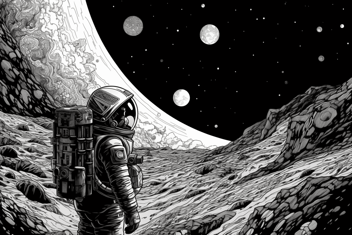 A black and white outline of an astronaut exploring a distant planet, with intricate details and shading.