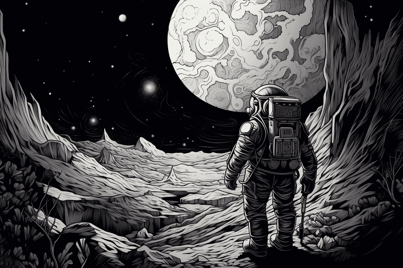 A black and white outline of an astronaut exploring a distant planet, with intricate details and shading.