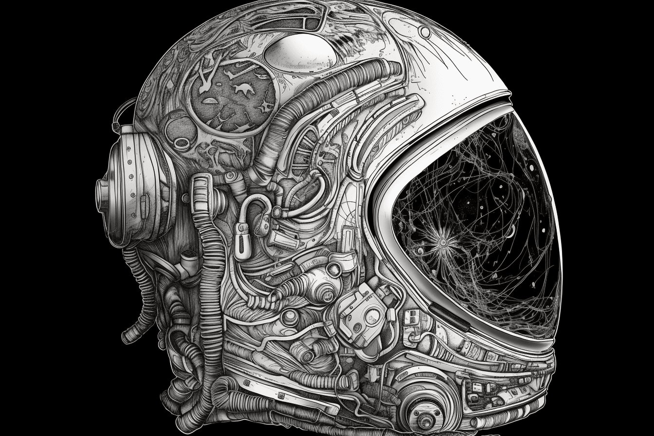 A black and white outline of an astronaut's helmet, with intricate details that showcase the reflection of the surrounding environment.