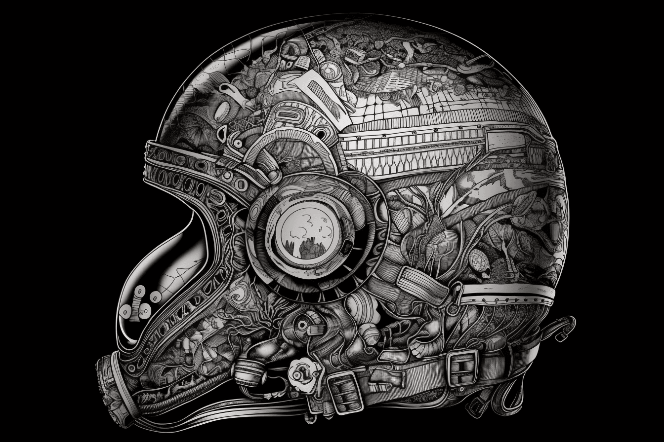 A black and white outline of an astronaut's helmet, with intricate details that showcase the reflection of the surrounding environment.