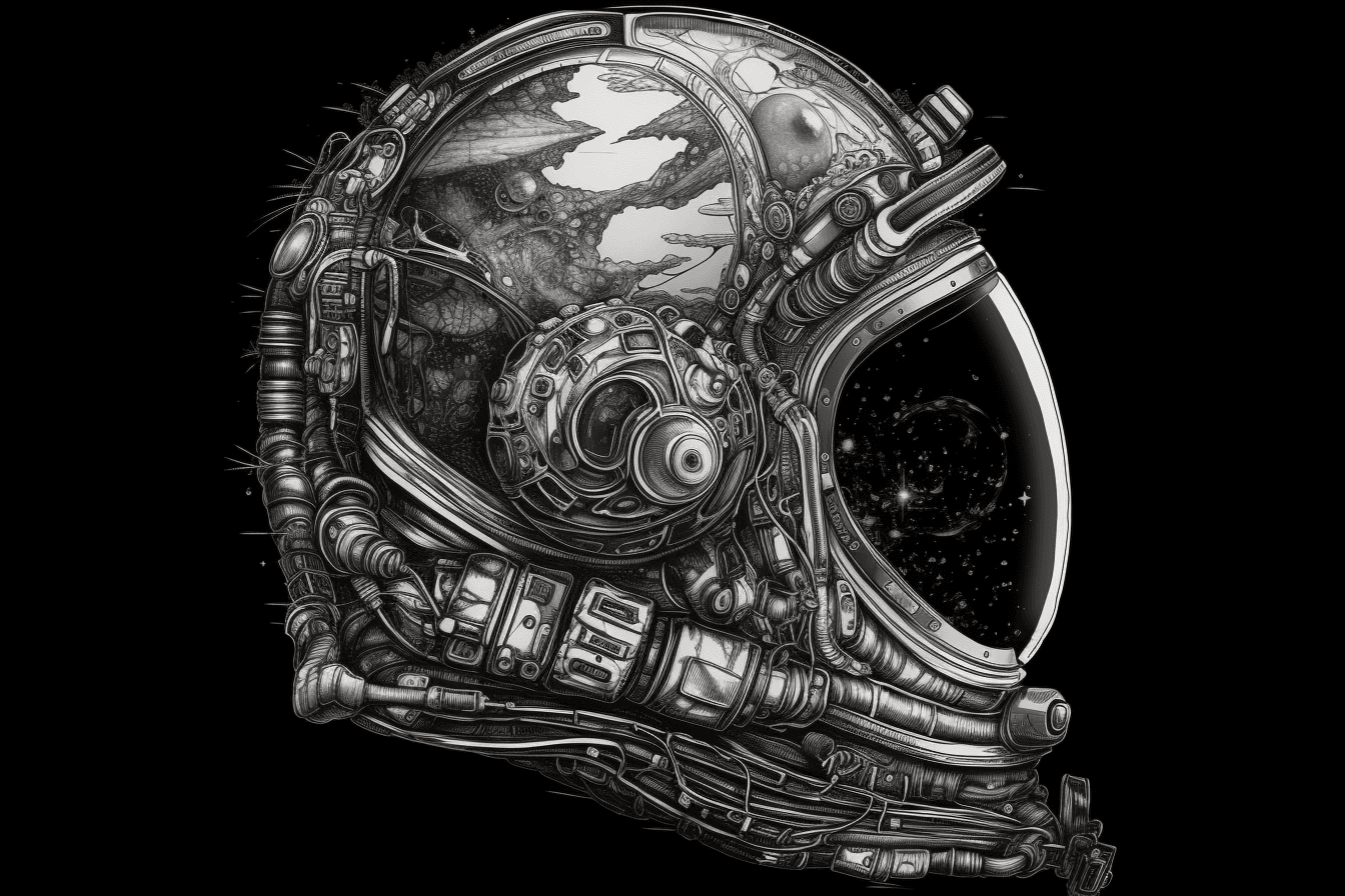 A black and white outline of an astronaut's helmet, with intricate details that showcase the reflection of the surrounding environment.