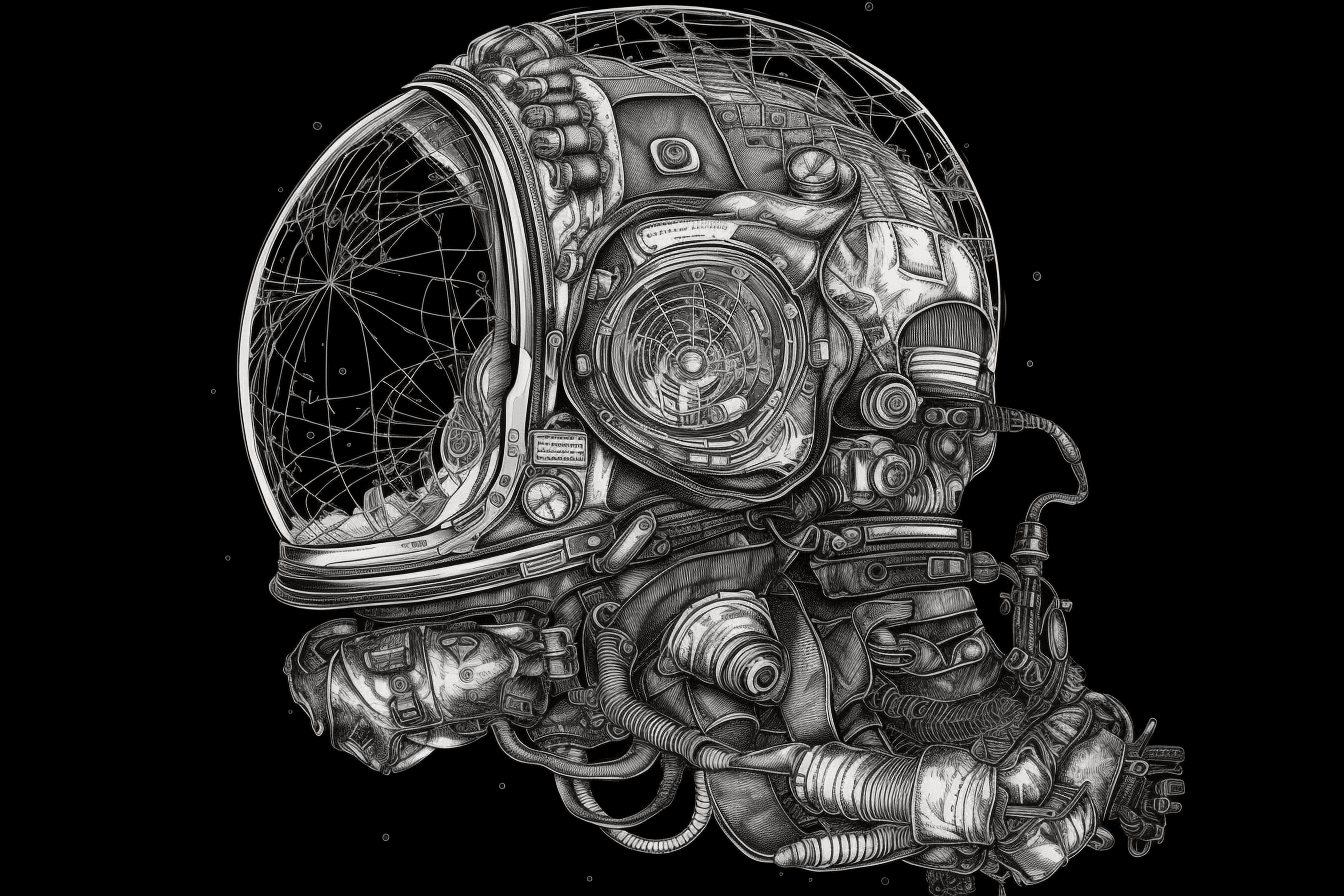 A black and white outline of an astronaut's helmet, with intricate details that showcase the reflection of the surrounding environment.