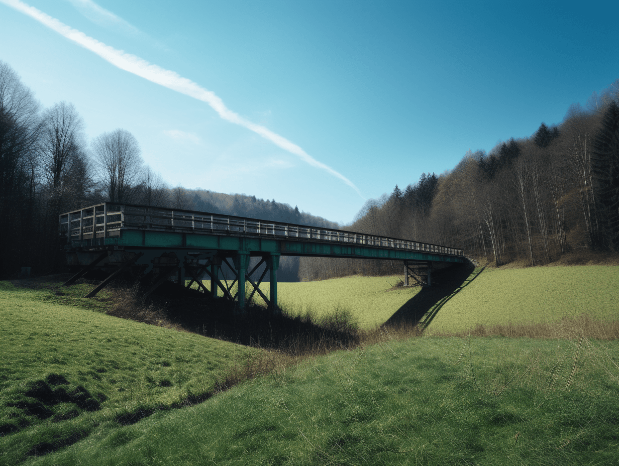 a bridge standing over a field, in the style of dark green and light azure, swiss style, 32k uhd, earthworks, heidelberg school, hikecore, forestpunk