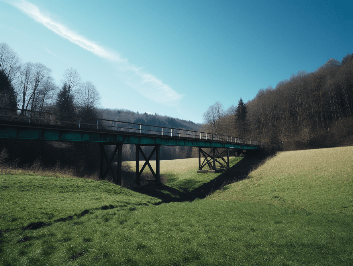 a bridge standing over a field, in the style of dark green and light azure, swiss style, 32k uhd, earthworks, heidelberg school, hikecore, forestpunk