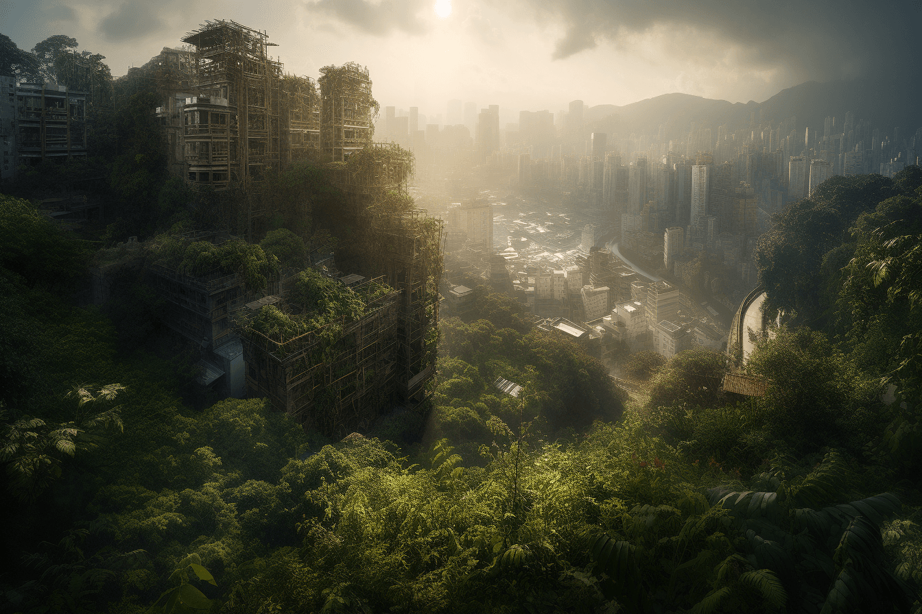 A cityscape overtaken by nature