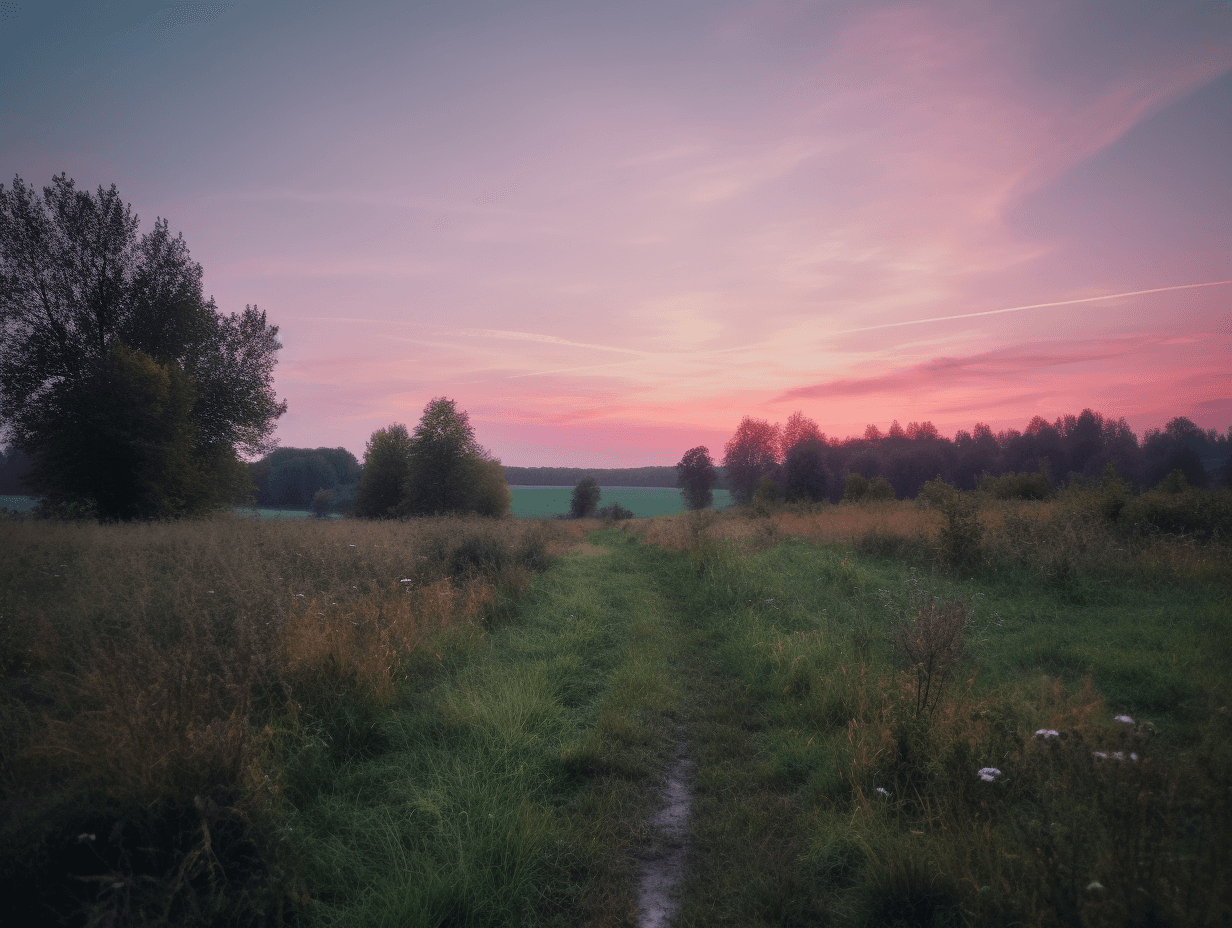 a clear, beautiful sky with beautiful sunset sky., in the style of french countryside, pink and green, voigtlander bessa r2m, hikecore, 32k uhd, cottagepunk, biedermeier