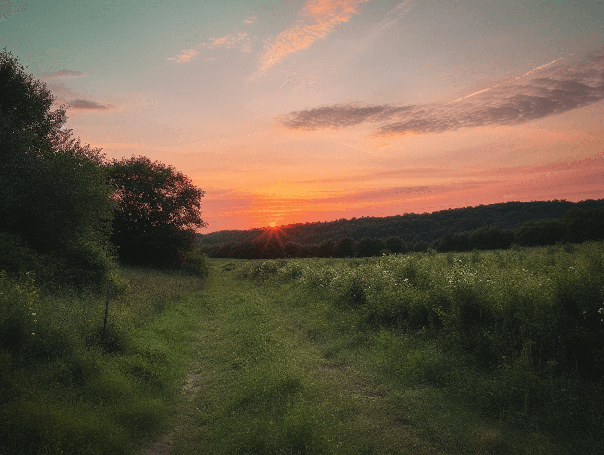 a clear, beautiful sky with beautiful sunset sky., in the style of french countryside, pink and green, voigtlander bessa r2m, hikecore, 32k uhd, cottagepunk, biedermeier