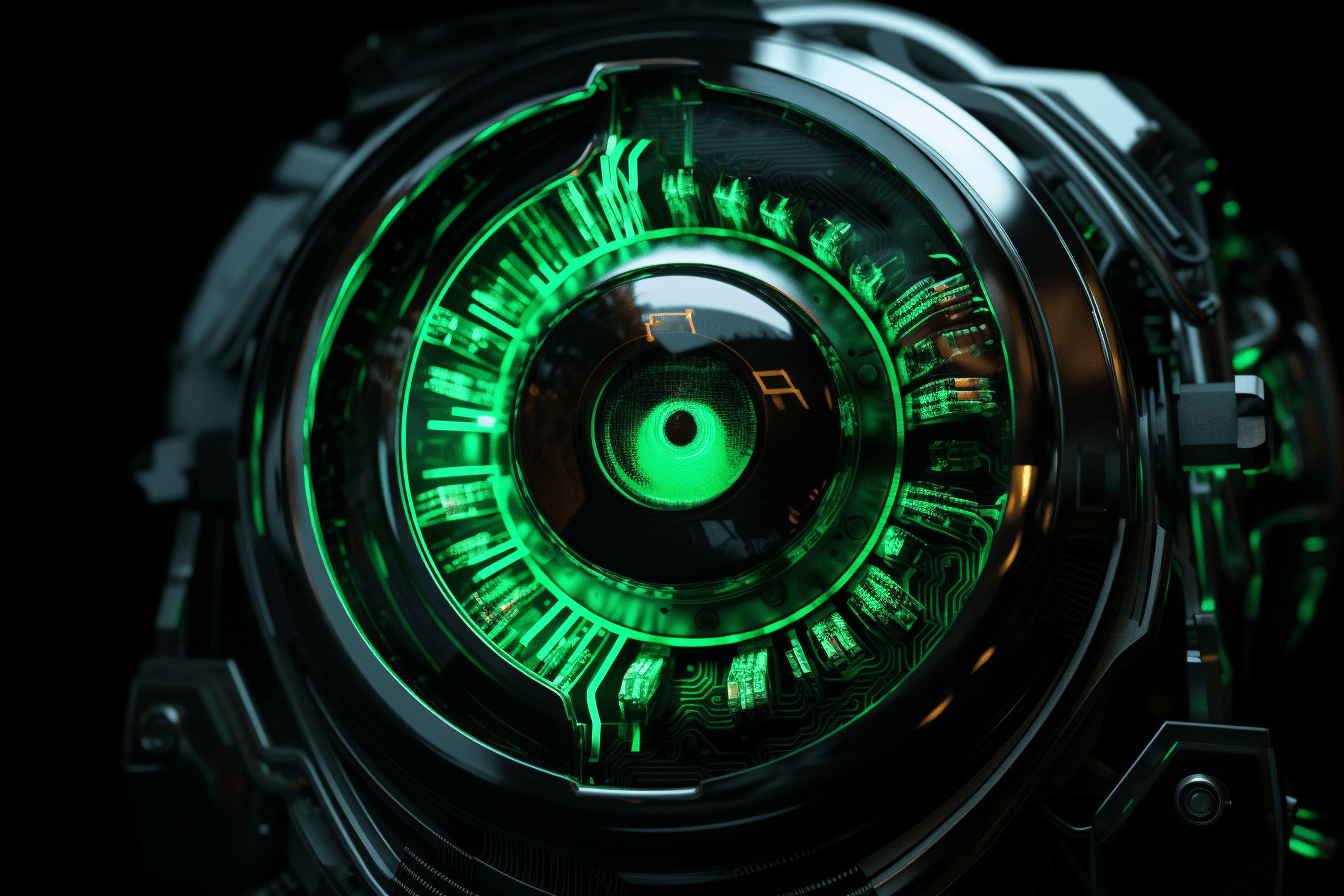 A close-up image of a robot's eye with neon green accents