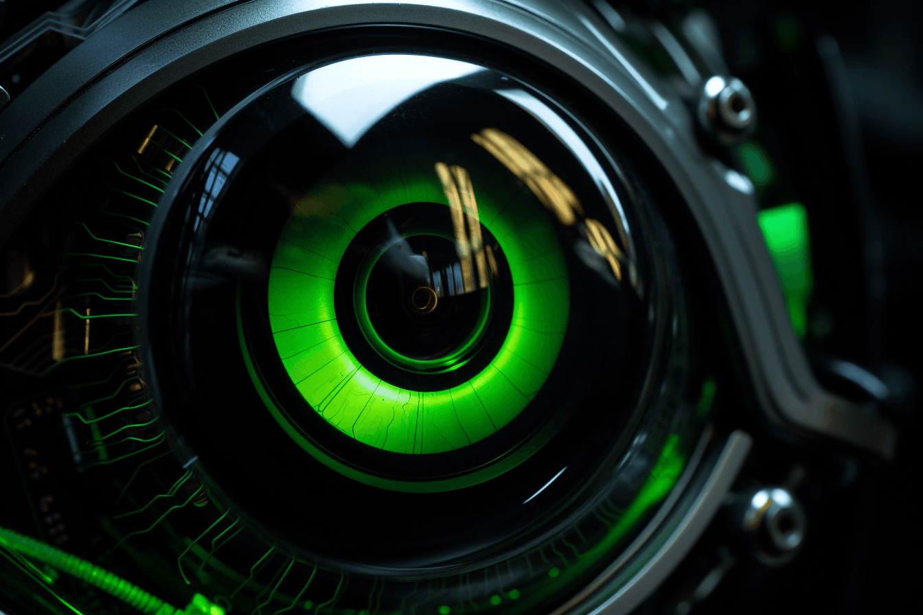 A close-up image of a robot's eye with neon green accents