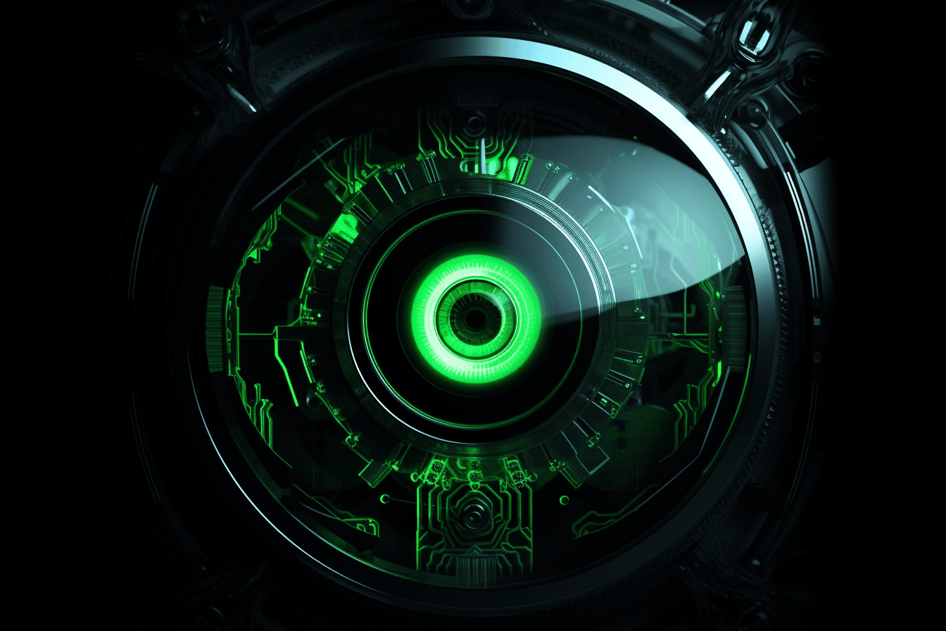 A close-up image of a robot's eye with neon green accents