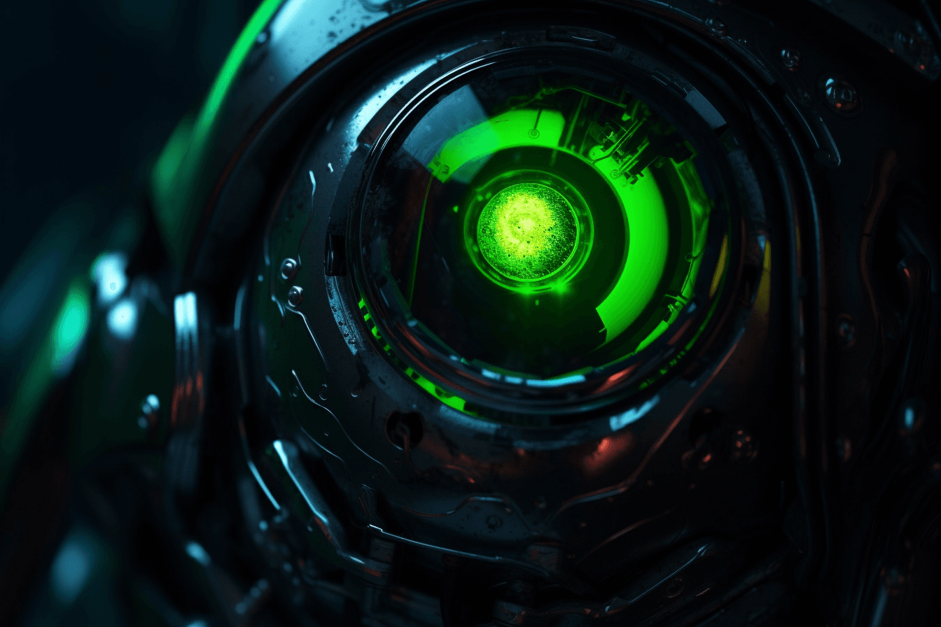 A close-up image of a robot's eye with neon green accents