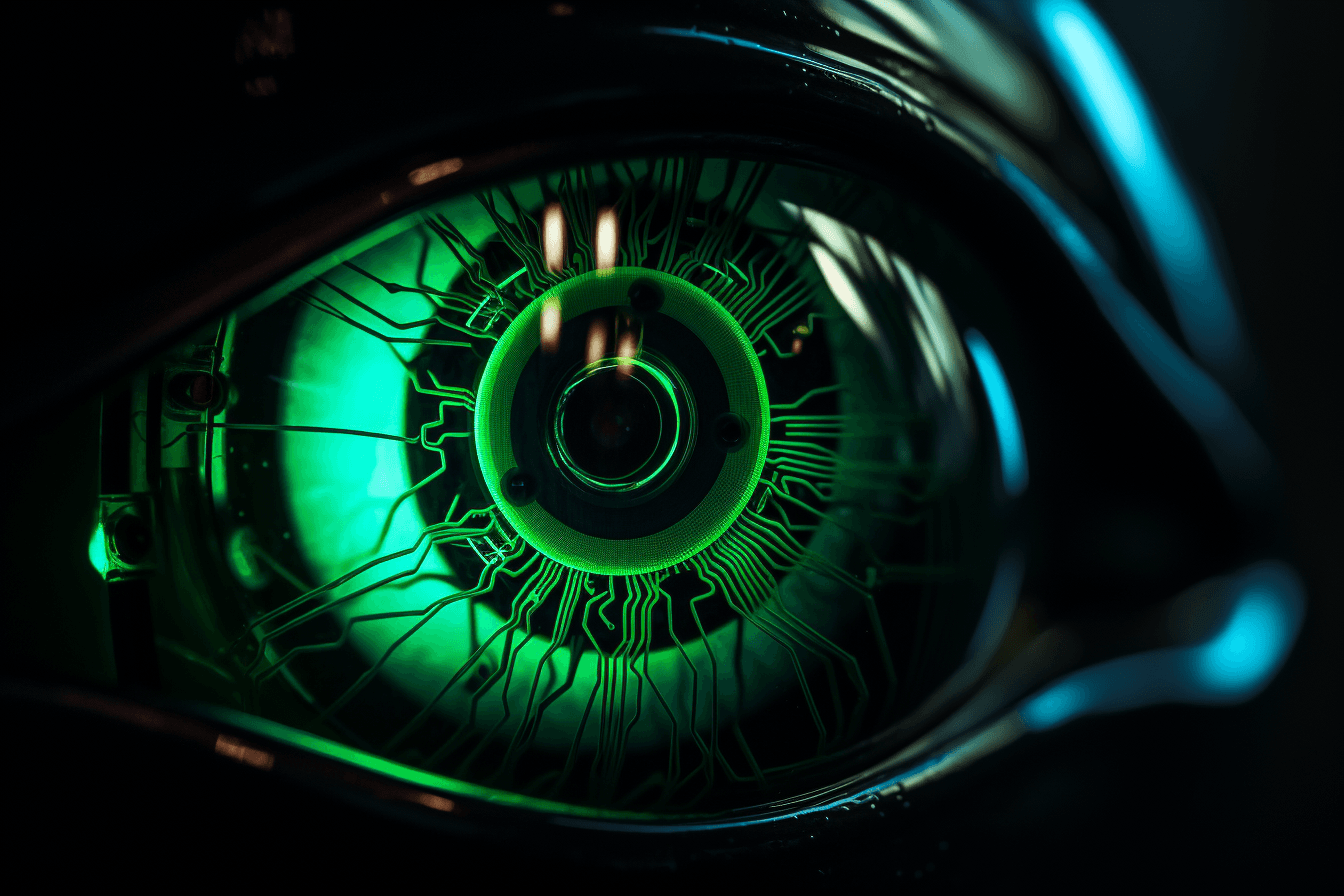 A close-up image of a robot's eye with neon green accents