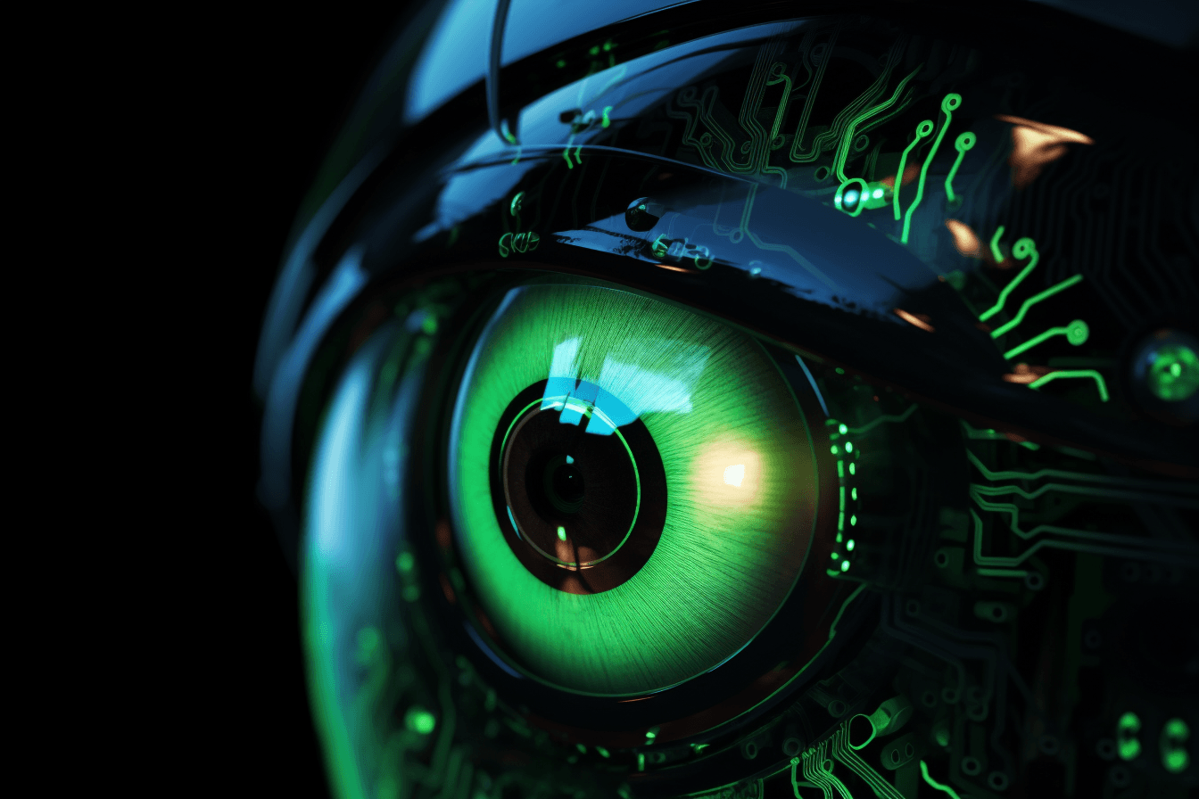 A close-up image of a robot's eye with neon green accents