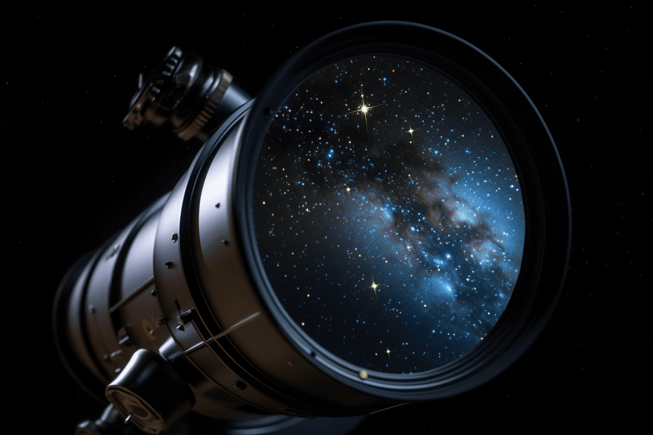 A close-up image of a telescope lens, with the stars and planets visible in the reflection.