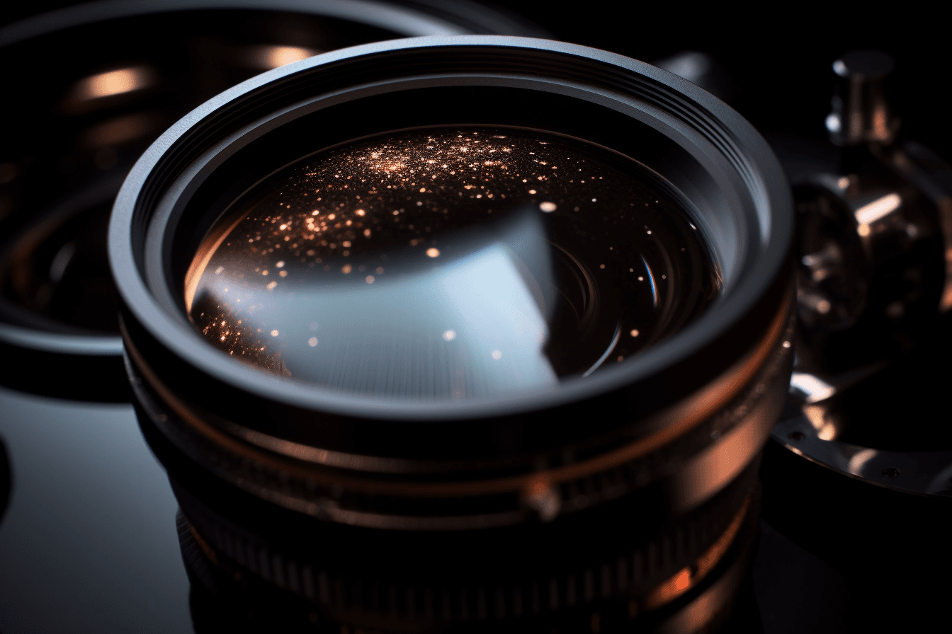 A close-up image of a telescope lens, with the stars and planets visible in the reflection.