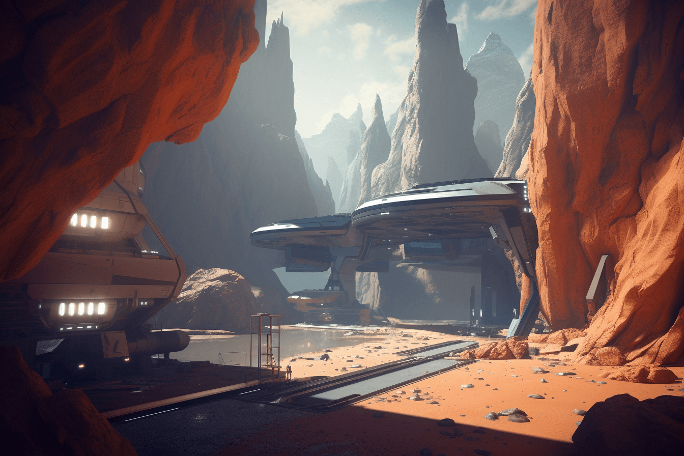 A csg-style rendering of an alien landscape, with sharp angles and contrasting colors that create a futuristic and industrial vibe.