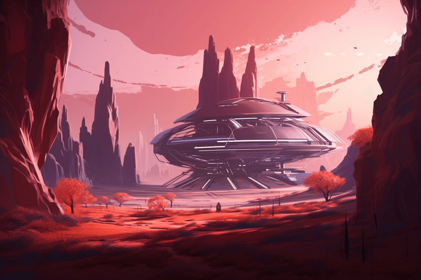 A csg-style rendering of an alien landscape, with sharp angles and contrasting colors that create a futuristic and industrial vibe.