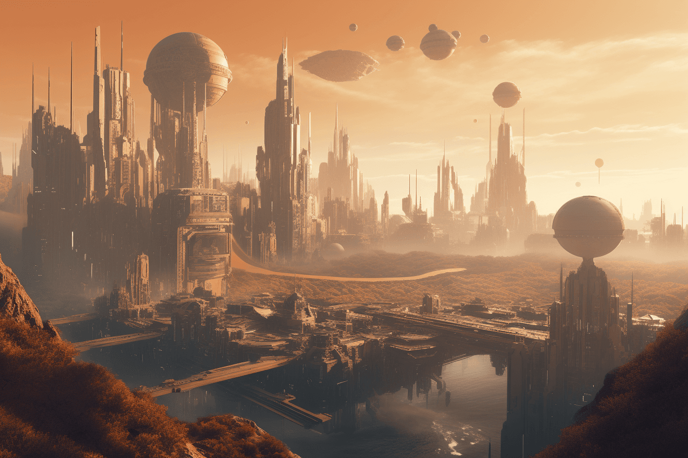 A digital illustration of a city on a distant planet, with towering buildings and advanced technology.