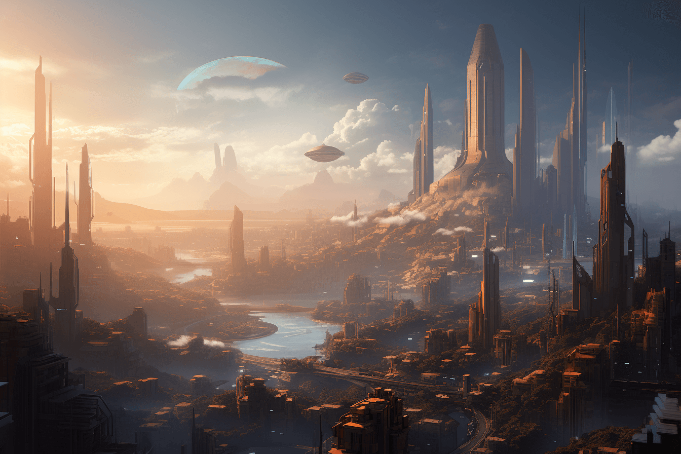 A digital illustration of a city on a distant planet, with towering buildings and advanced technology.