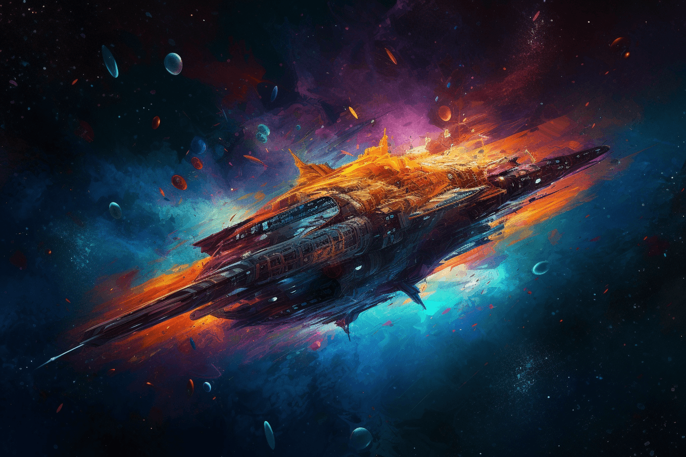 A digital illustration of a spaceship traveling through a colorful nebula.