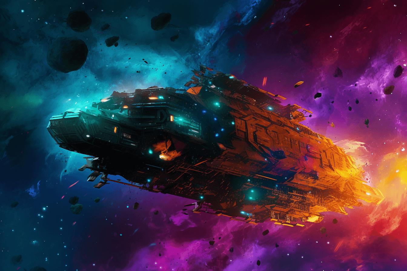 A digital illustration of a spaceship traveling through a colorful nebula.