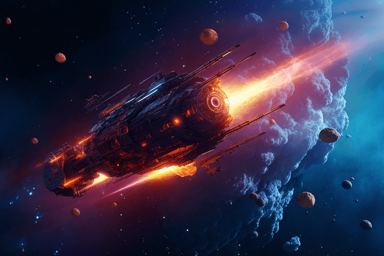 A digital illustration of a spaceship traveling through a colorful nebula.