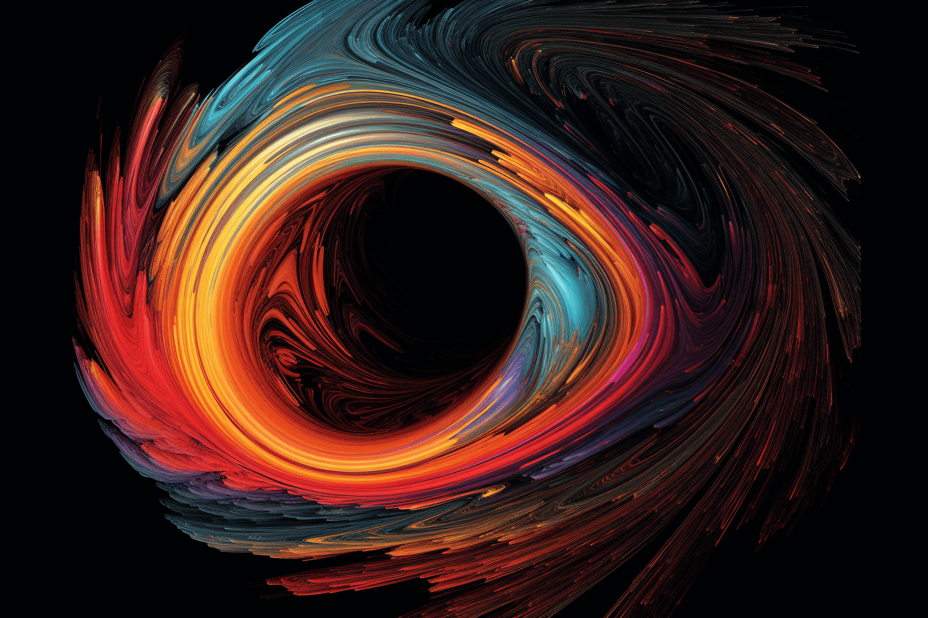 A digital image of a black hole, with the distorted shapes and bright colors representing the extreme gravity.