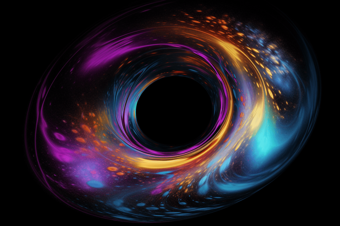 A digital image of a black hole, with the distorted shapes and bright colors representing the extreme gravity.