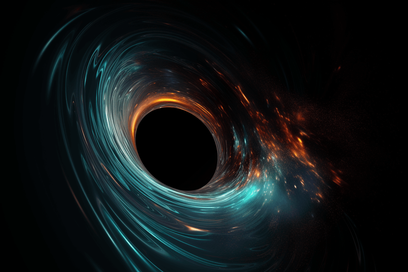 A digital image of a black hole, with the distorted shapes and bright colors representing the extreme gravity.