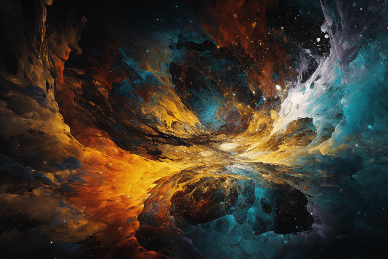 A digital image of a galaxy collision, with swirling colors and distorted shapes representing the chaos of the event.