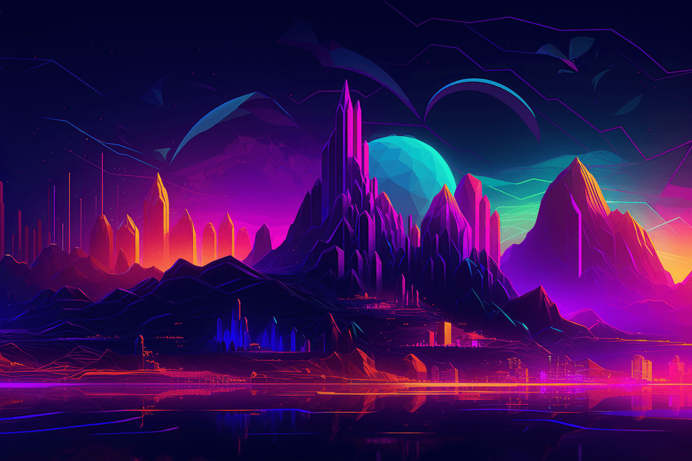 A digital landscape with geometric shapes and neon colors