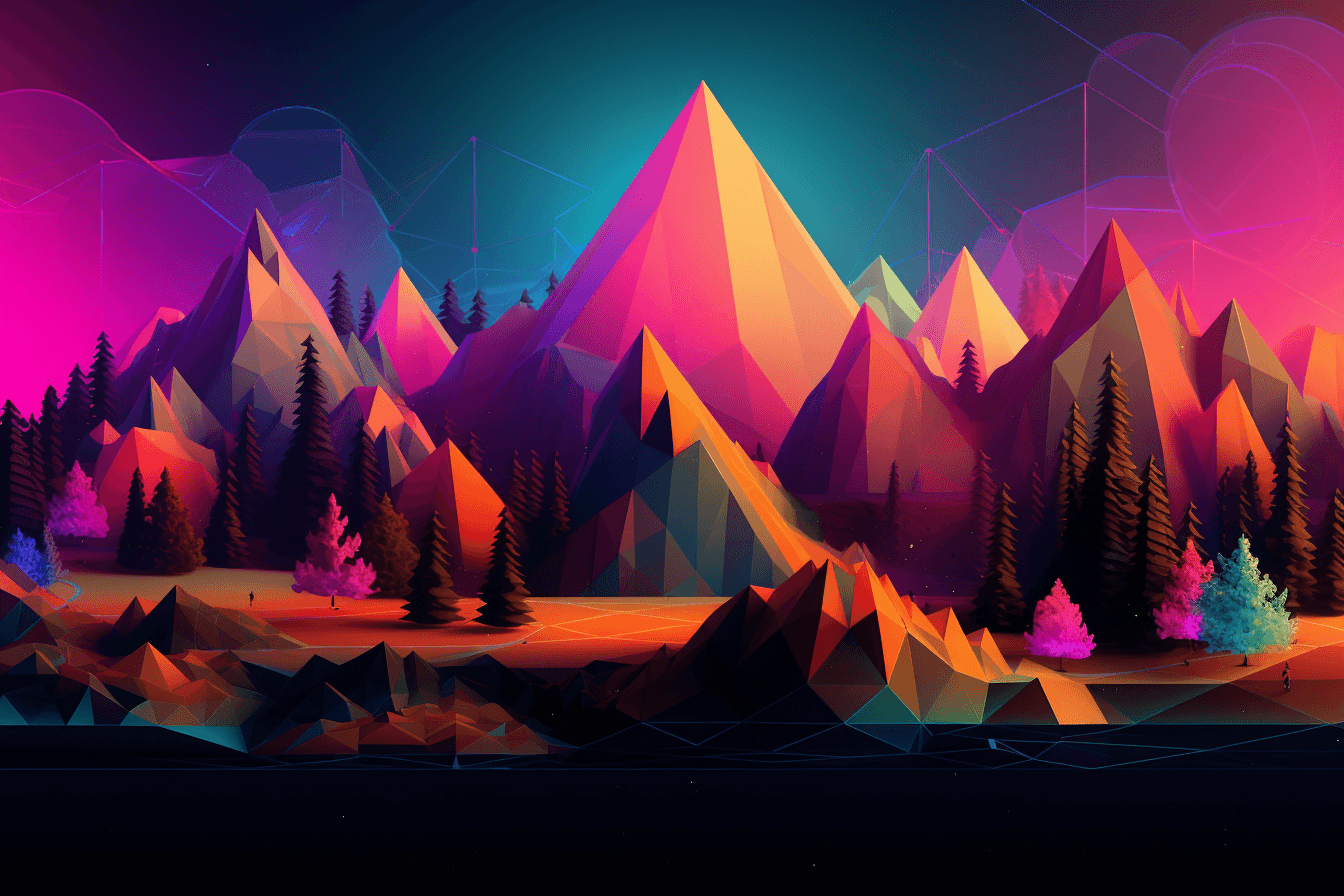 A digital landscape with geometric shapes and neon colors