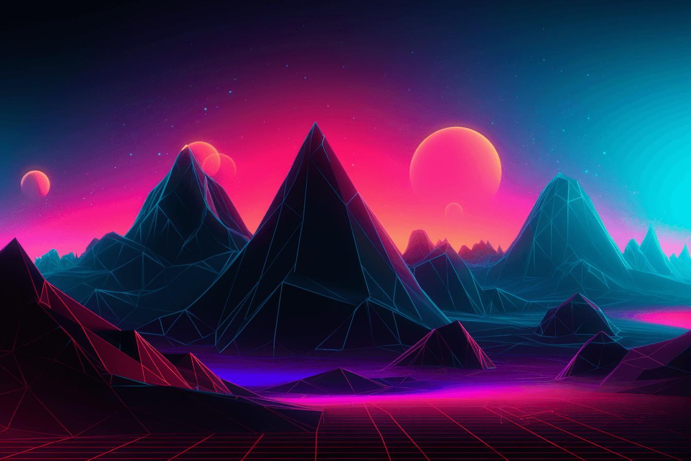 A digital landscape with geometric shapes and neon colors