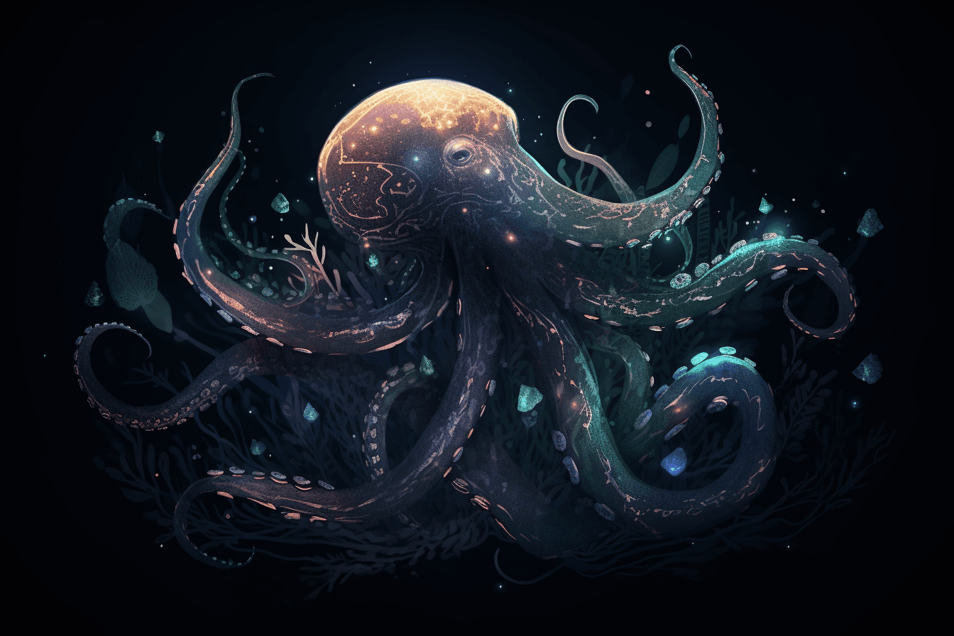 A digital painting of a deep sea creature, with tentacles and bioluminescent patterns evoking a sense of mystery and exploration.