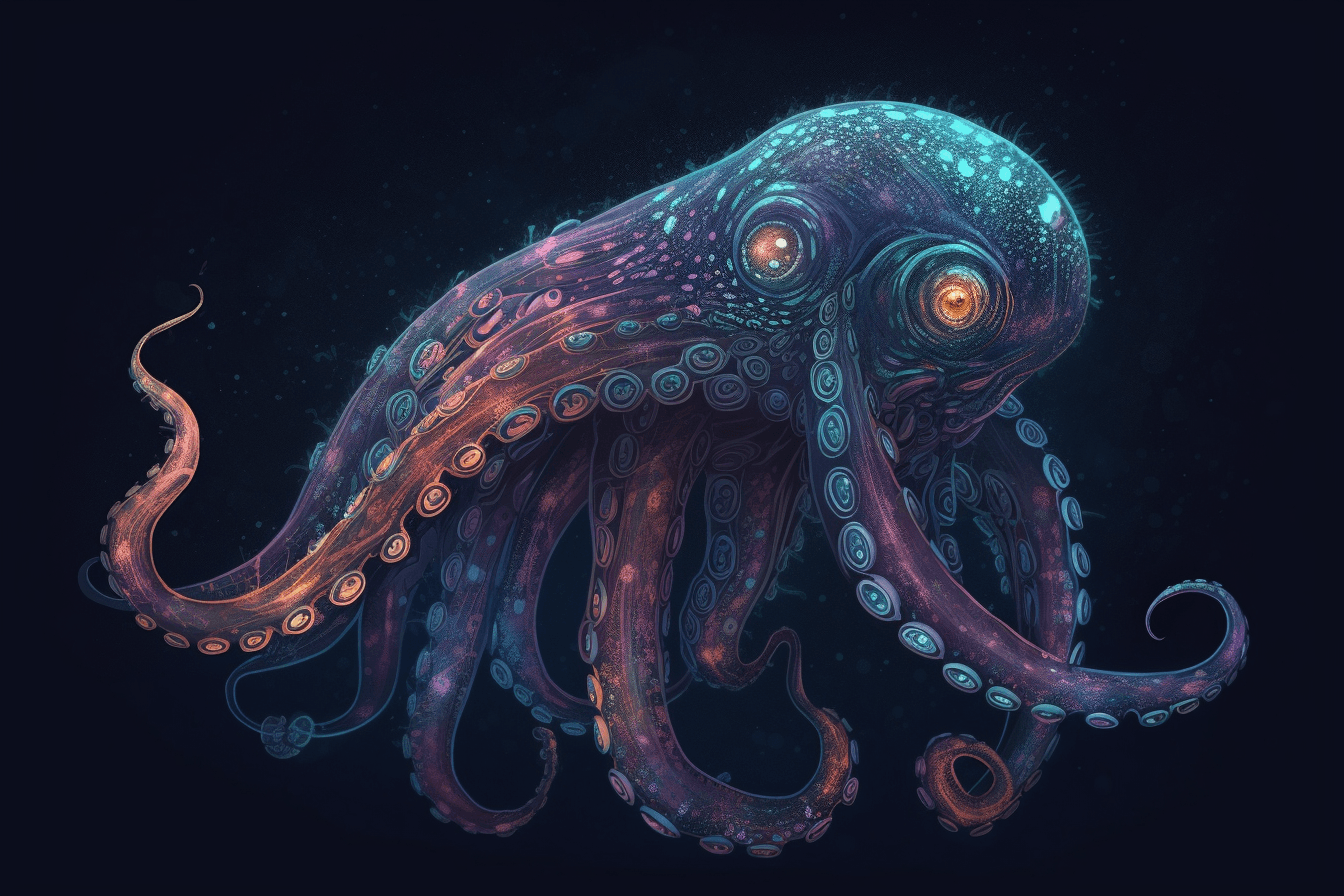 A digital painting of a deep sea creature, with tentacles and bioluminescent patterns evoking a sense of mystery and exploration.