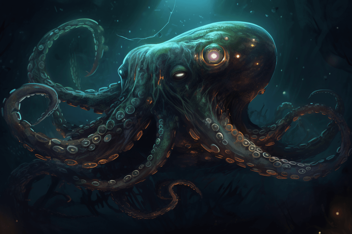 A digital painting of a deep sea creature, with tentacles and bioluminescent patterns evoking a sense of mystery and exploration.