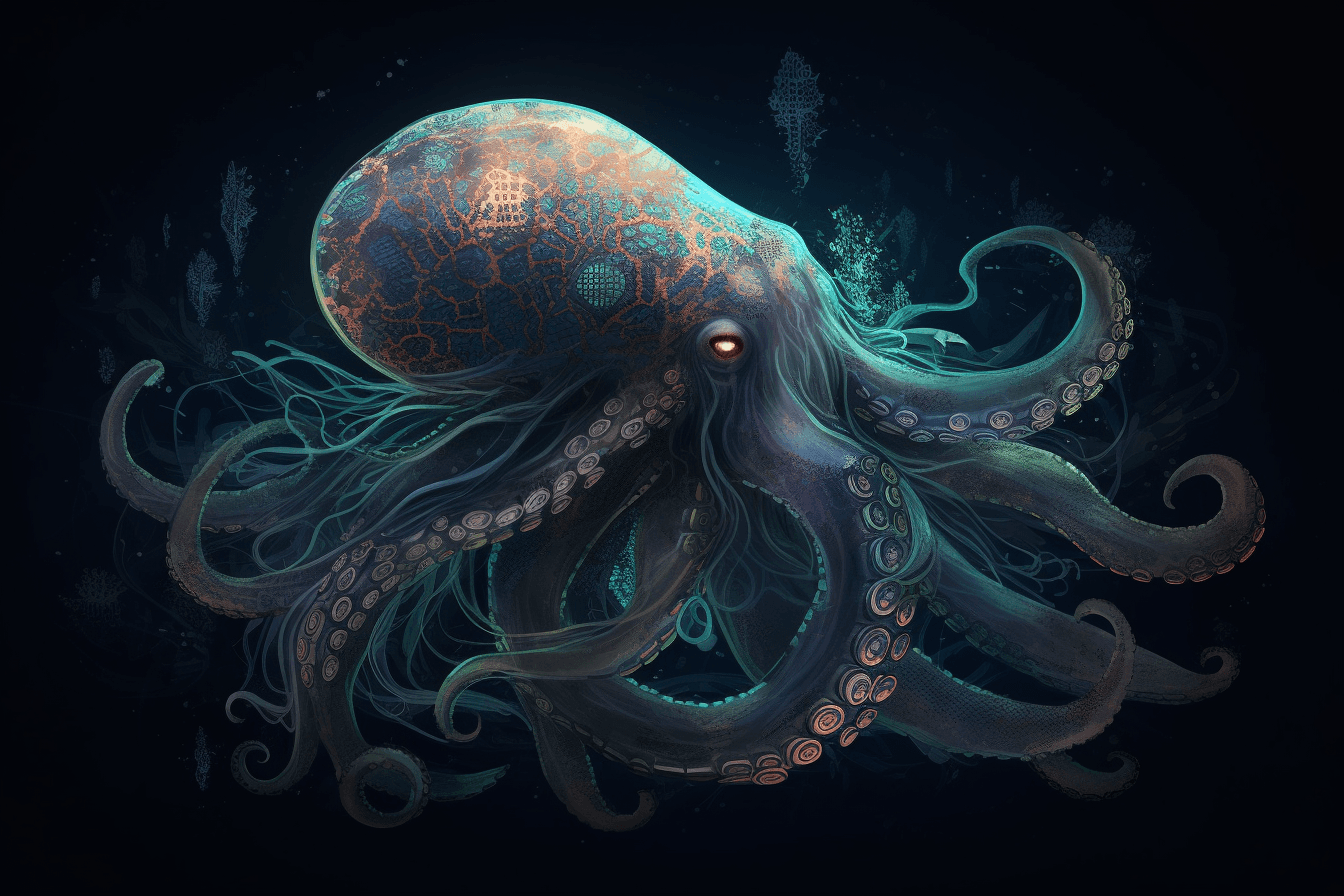 A digital painting of a deep sea creature, with tentacles and bioluminescent patterns evoking a sense of mystery and exploration.