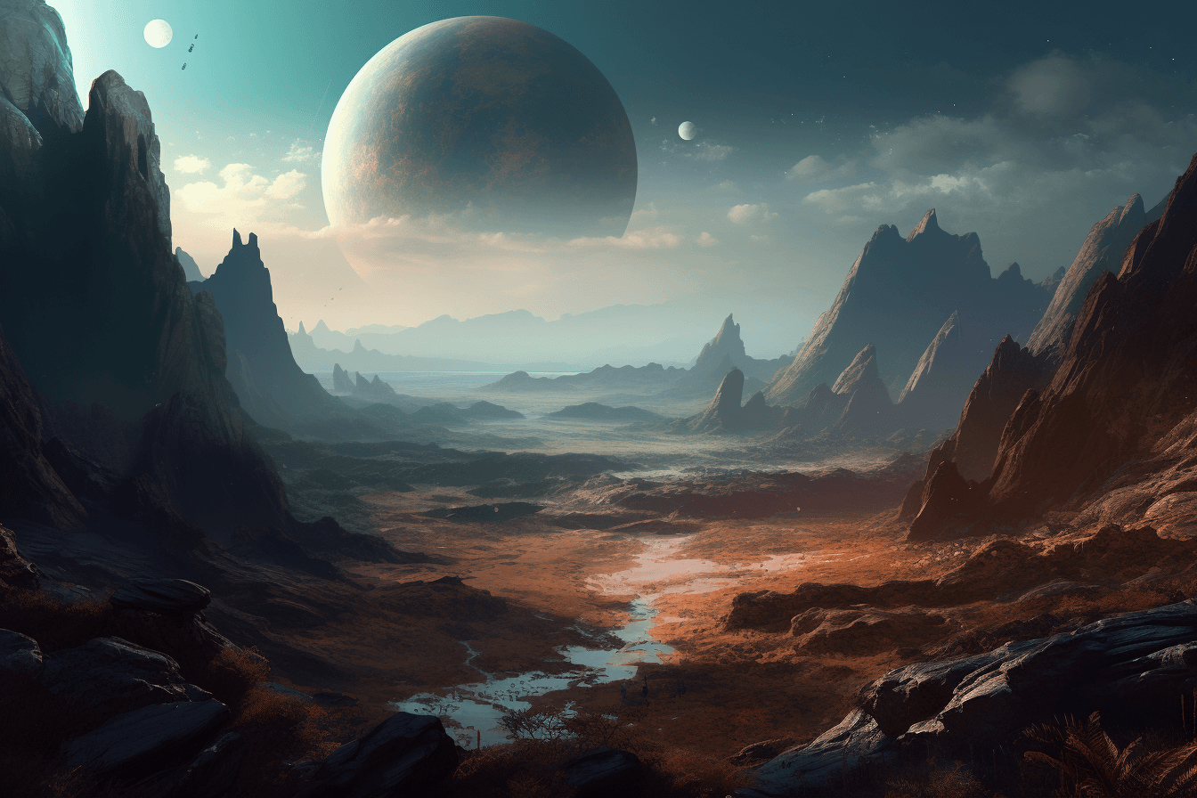 A digital painting of a distant planet, with a unique atmosphere and unusual terrain.