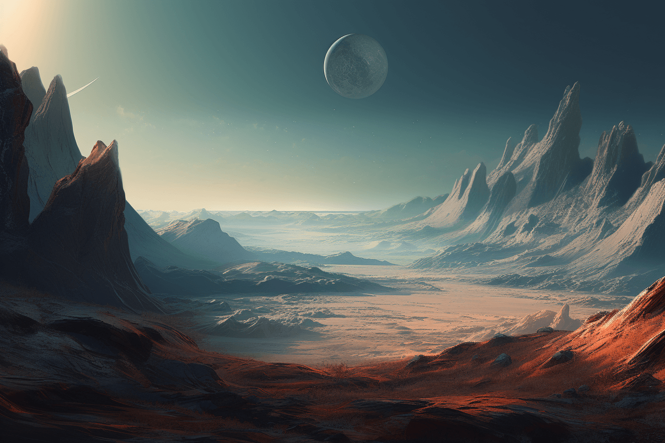 A digital painting of a distant planet, with a unique atmosphere and unusual terrain.