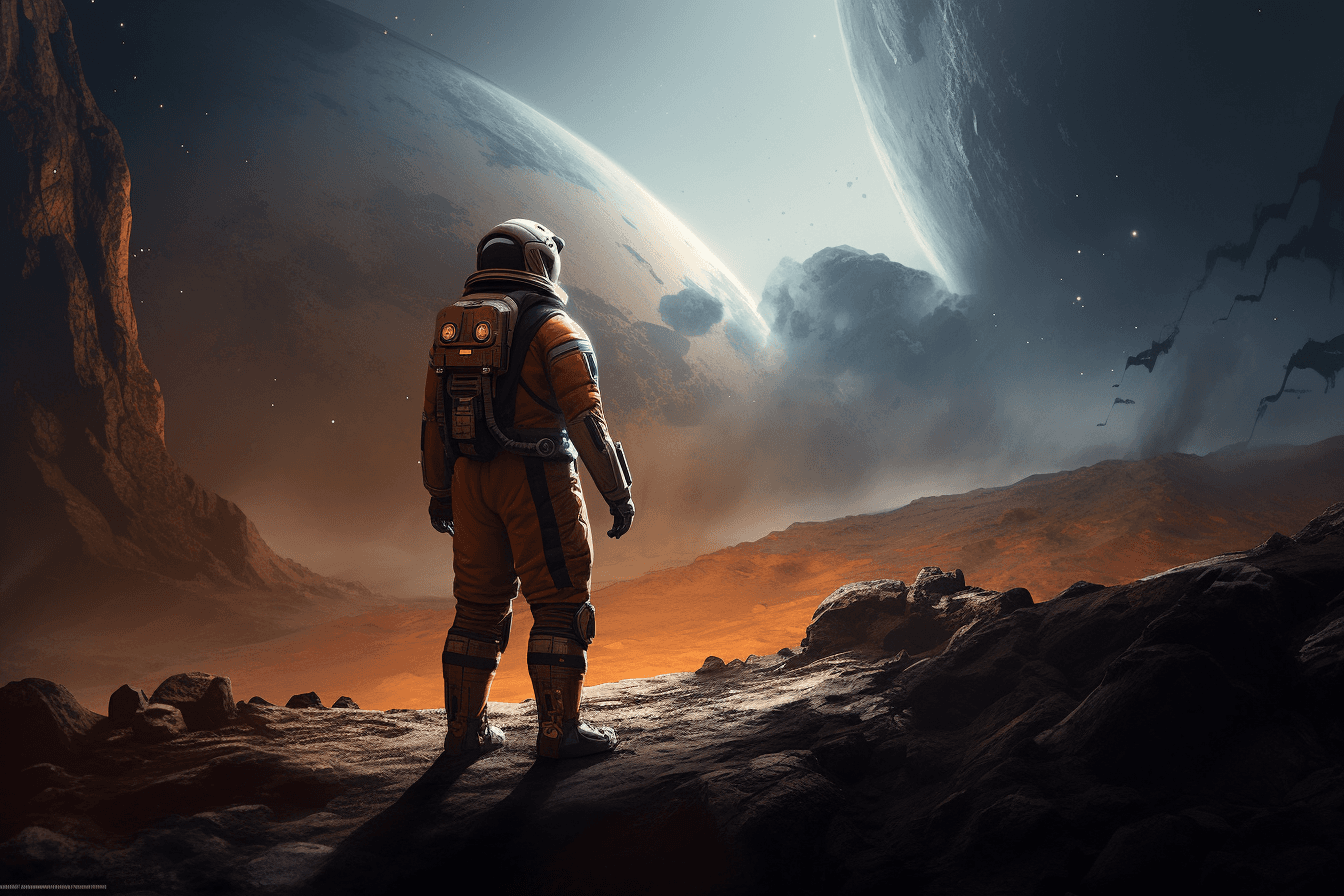 A digital painting of a lone astronaut standing on the edge of a crater, gazing out at the endless expanse of space.