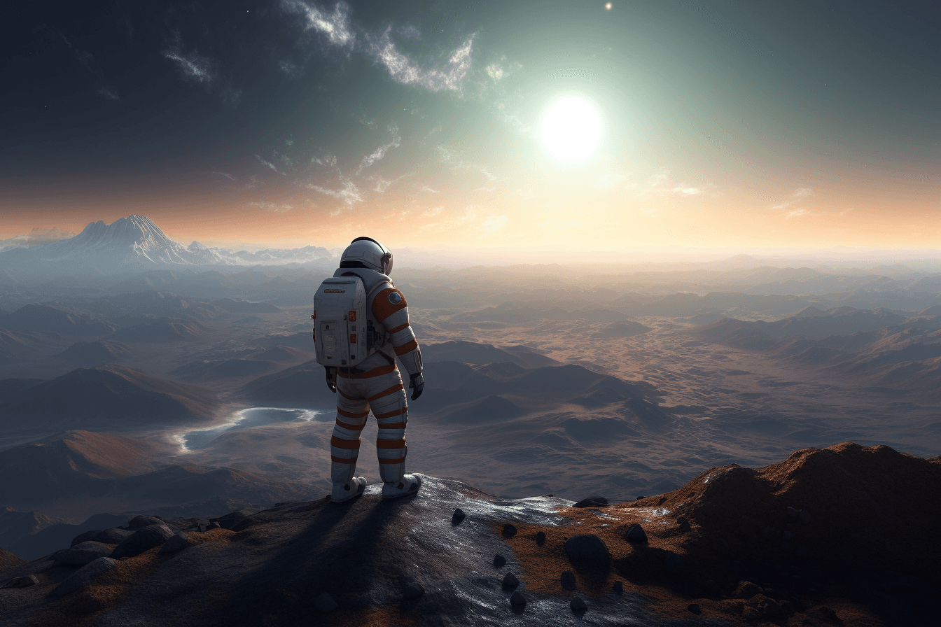 A digital painting of a lone astronaut standing on the edge of a crater, gazing out at the endless expanse of space.