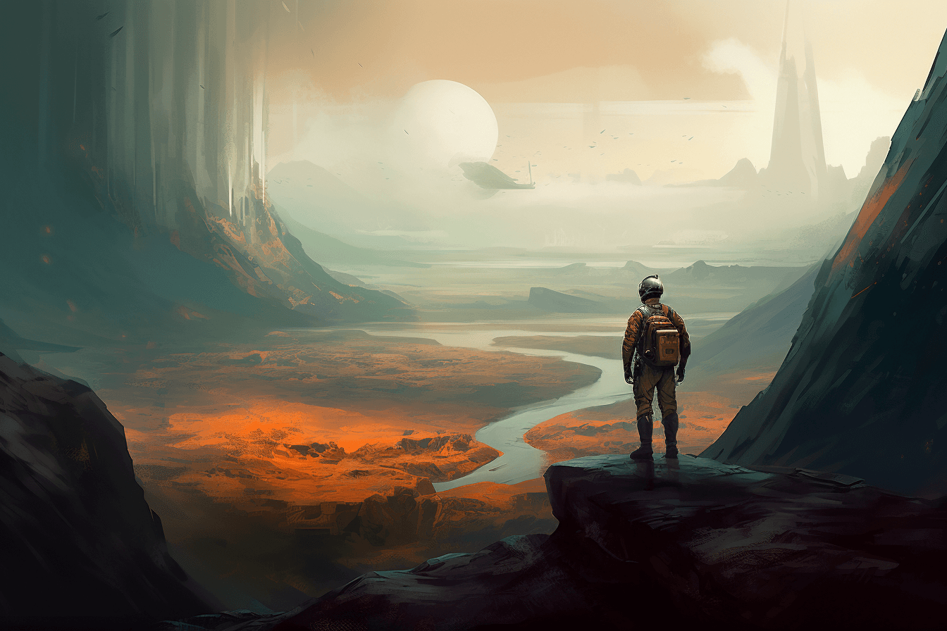 A digital painting of a lone astronaut standing on the edge of a crater, gazing out at the endless expanse of space.