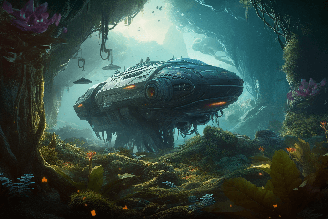 A digital painting of a spaceship approaching an alien planet, with unusual flora and fauna visible on the surface.