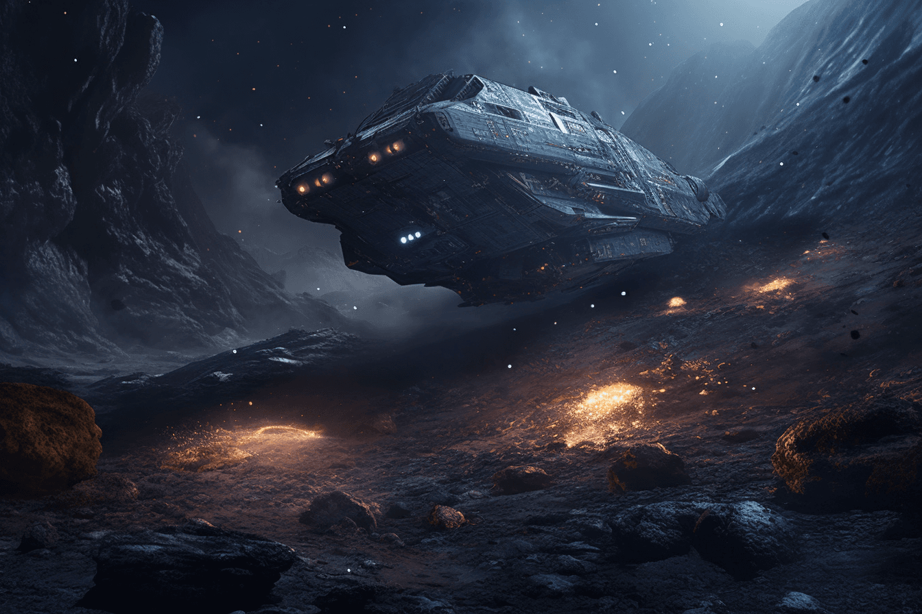 A digital painting of a spaceship exploring an asteroid field, with the rocky terrain and dangerous debris creating a sense of adventure and challenge.