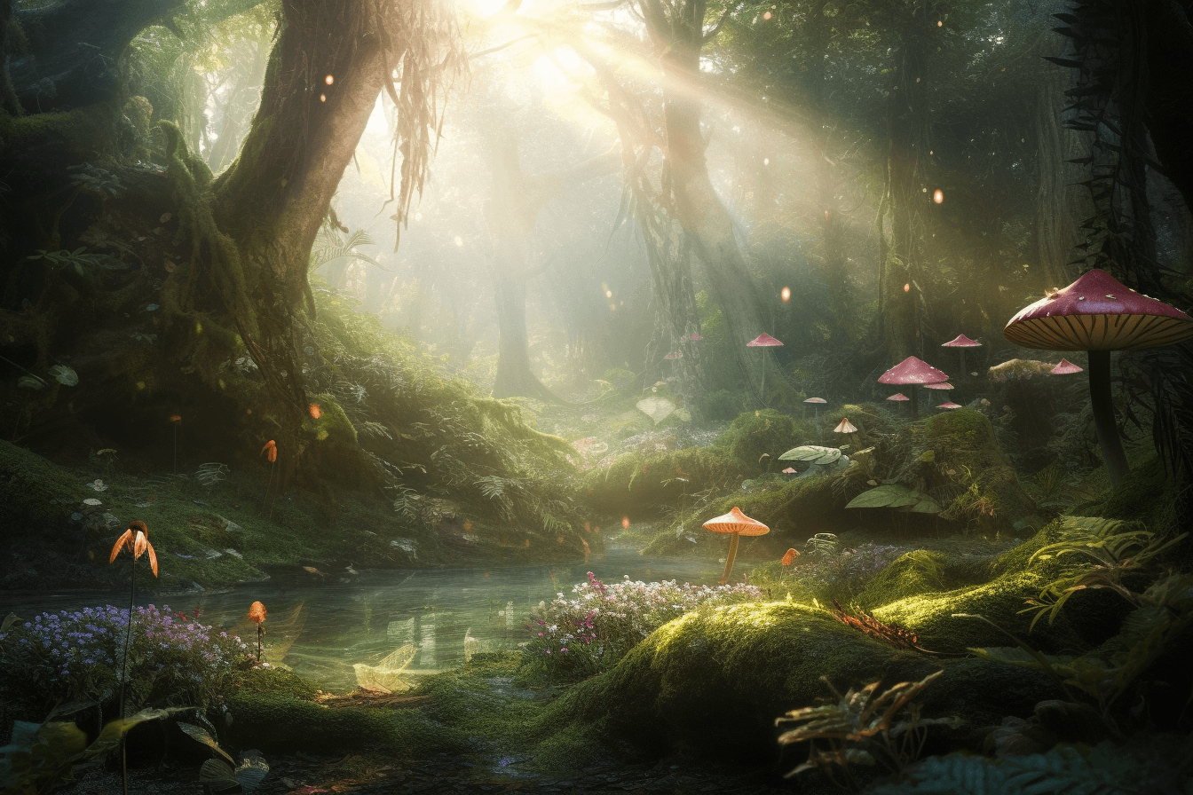 A dreamy forest scene with fairies