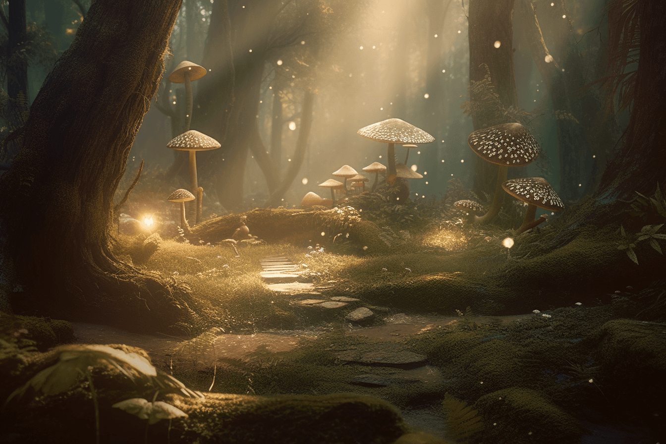 A dreamy forest scene with fairies