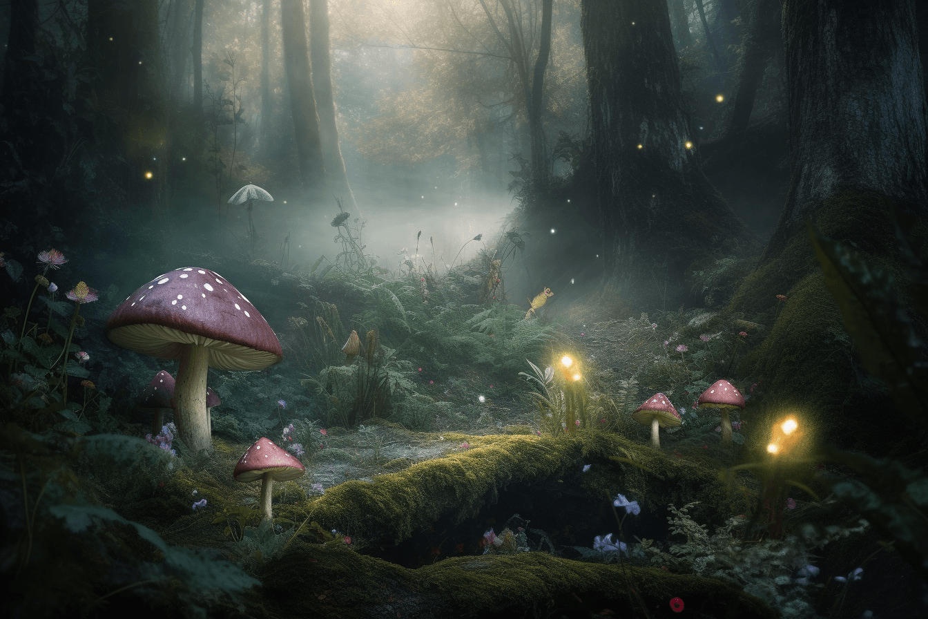 A dreamy forest scene with fairies